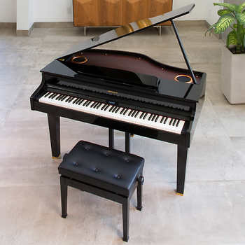 Learn piano online by yourself. Use a tablet or computer to learn piano  tutorials online. The black grand piano has a tablet placed on a notebook  stand. 3D Rendering. 6661781 Stock Photo